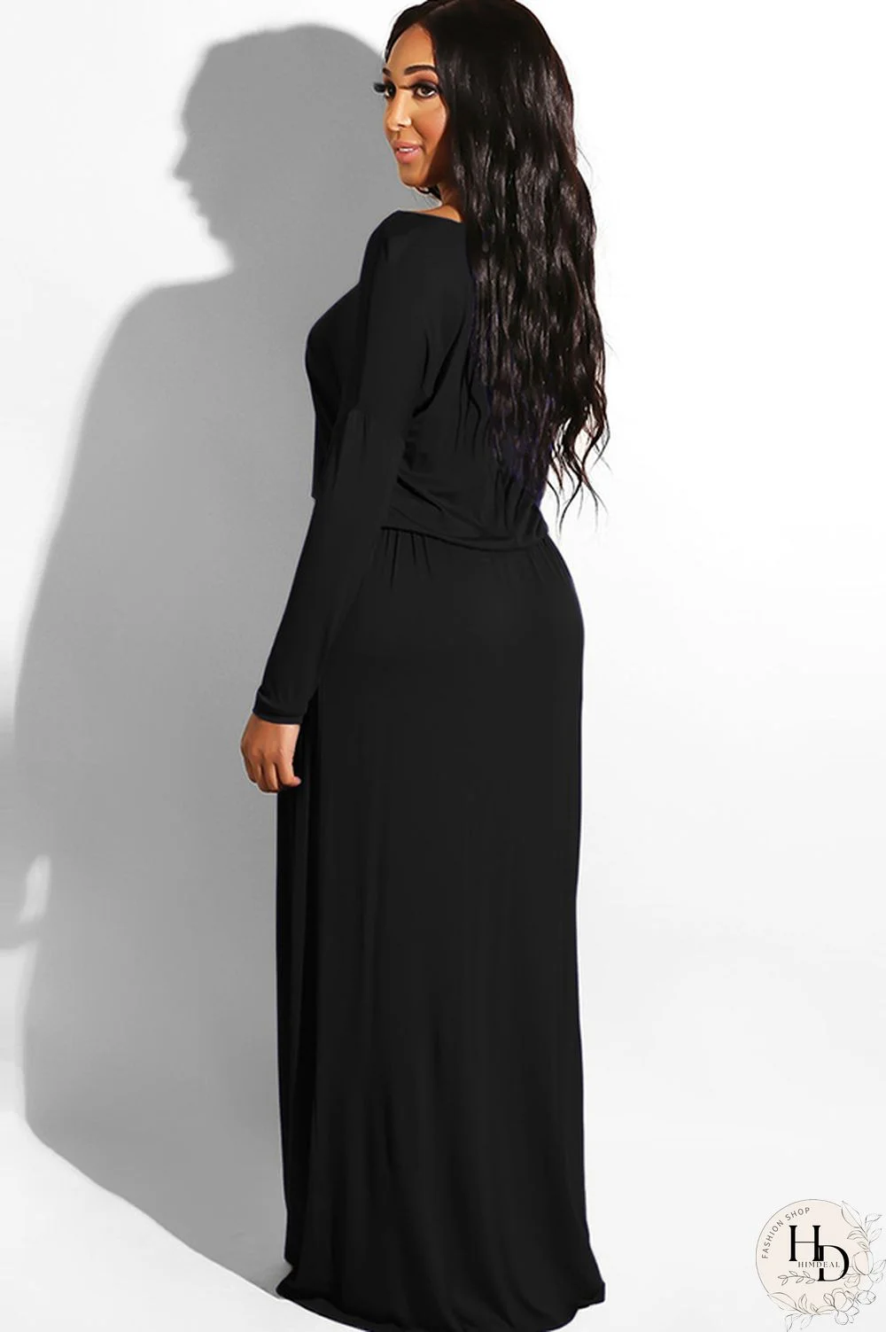 Blue Milk. Celebrities Off The Shoulder Long Sleeves One word collar Step Skirt Ankle-Length Solid