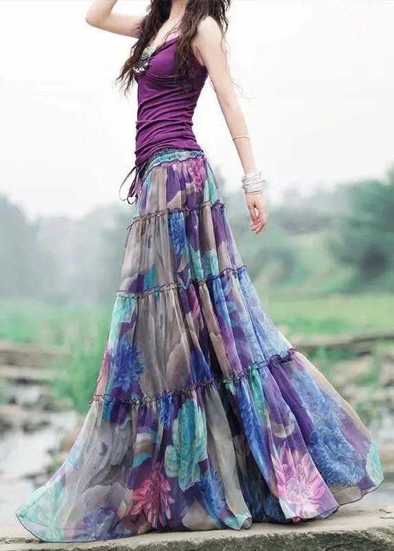 Bohemian Purple Drawstring Wrinkled Patchwork Print Chiffon Skirt Summer