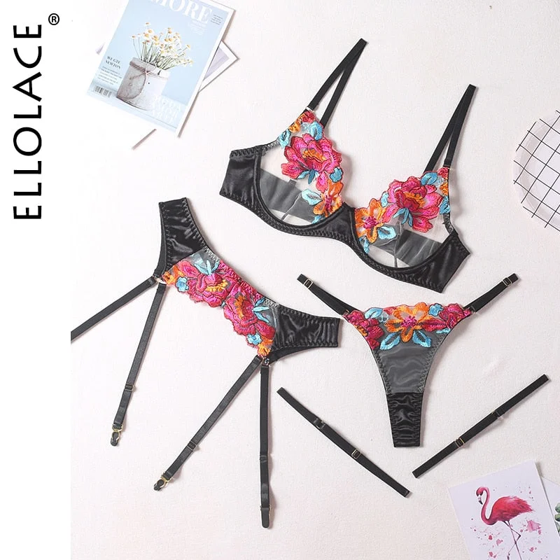 Ellolace Floral Erotic Lingerie Set Woman 3 Pieces Transparent Lace Blue Sexy Underwear Fancy Beautiful Thongs Breves Sets