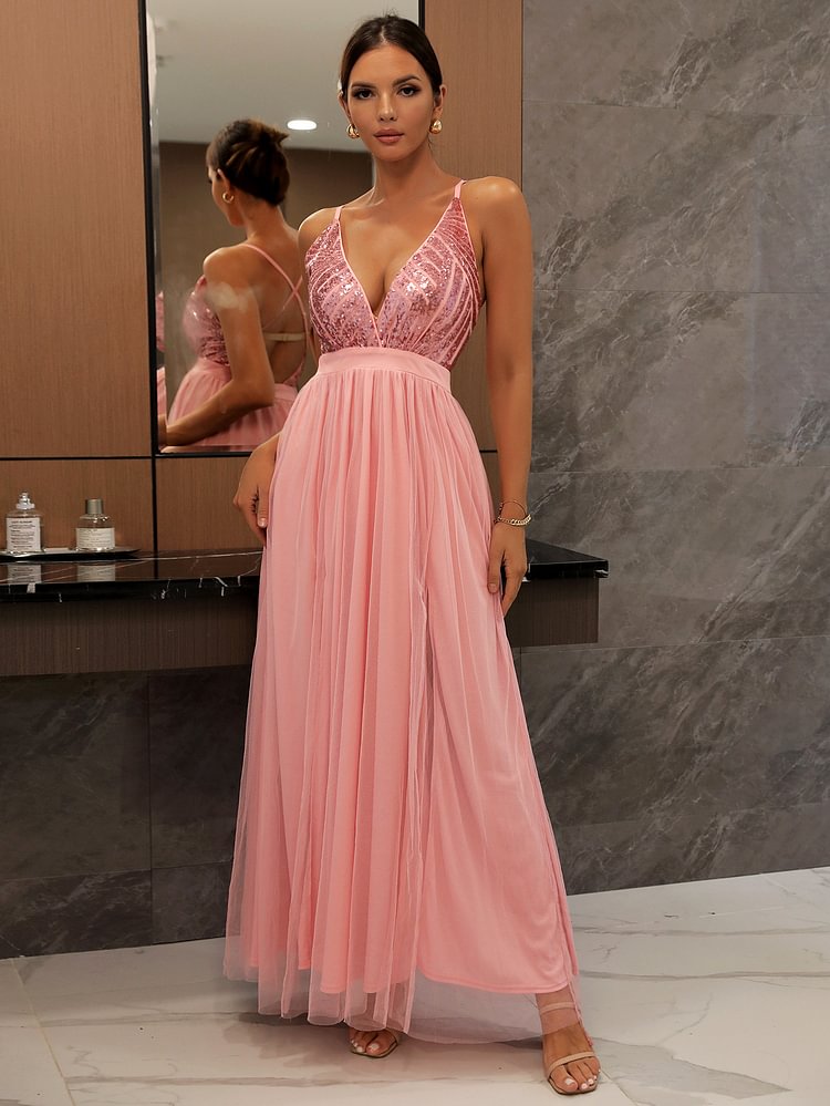V Neck Sequined Tulle Gown Party Maxi Dresses