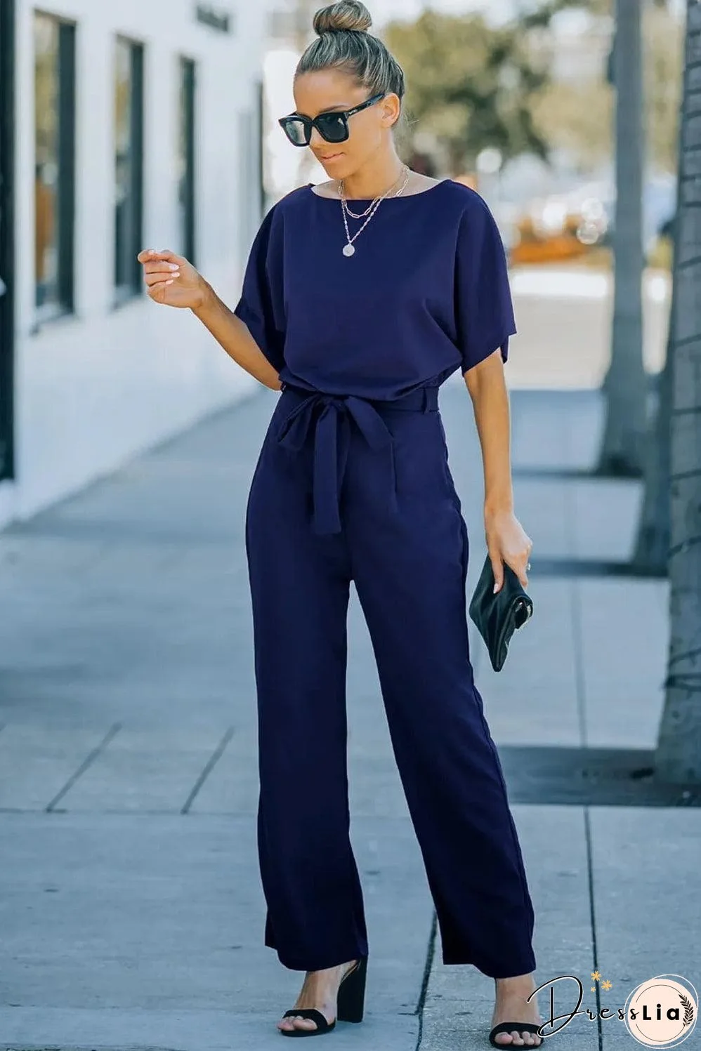 Blue Belted Wide Leg Jumpsuit