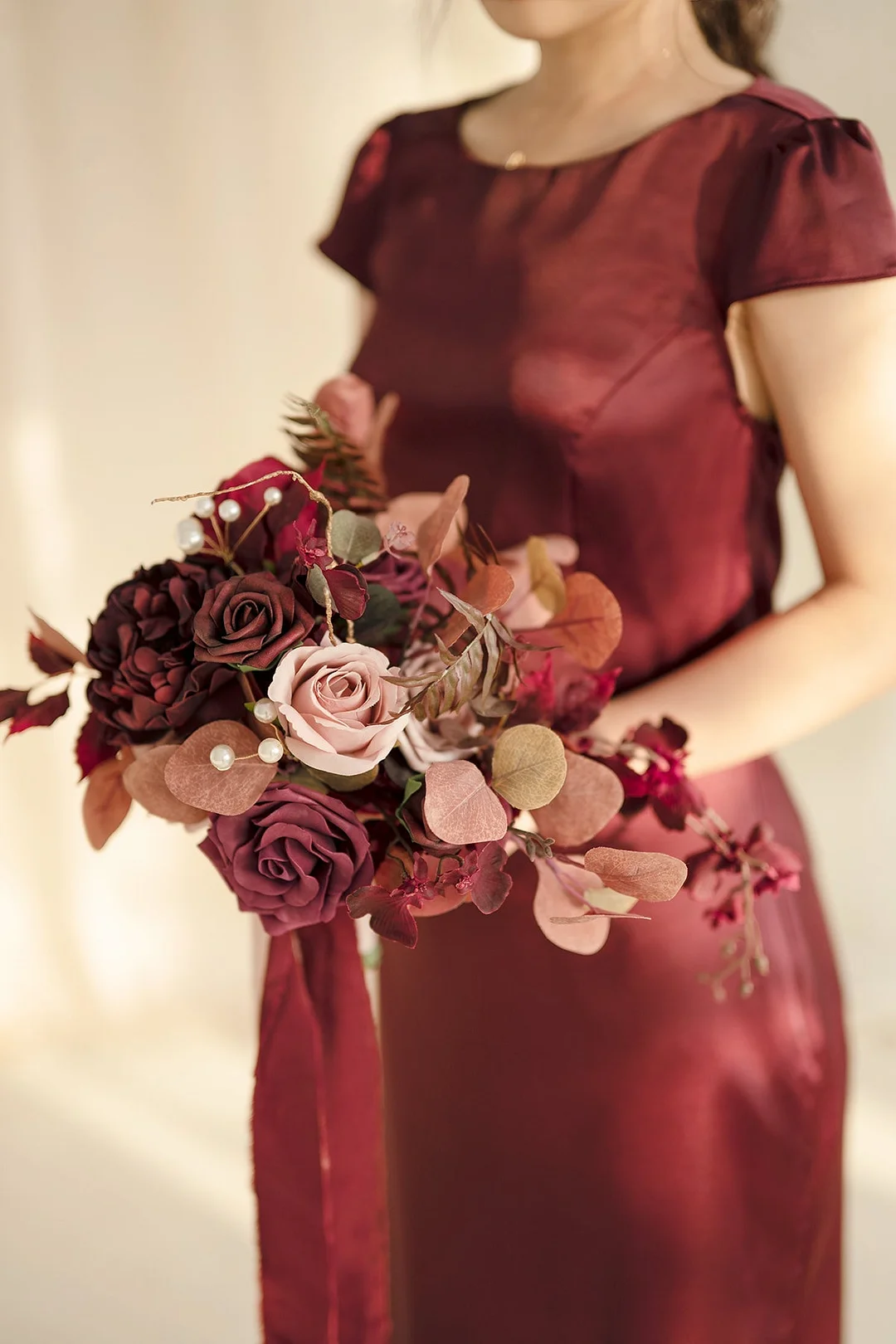 Free-Form Bridesmaid Bouquets in Burgundy & Dusty Rose