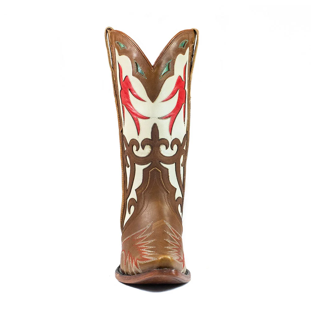 Multicolor Chunky Heel Snip Toe Cowgirl Boots with Decorative Inlay
