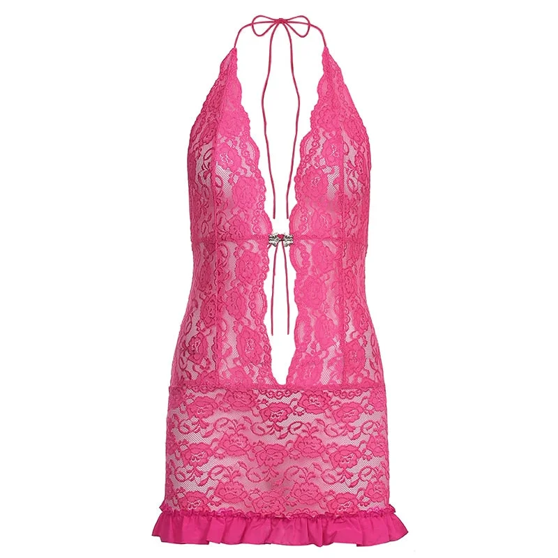 BIIKPIIK Halter Lace-Up See Through Women Sexy Mini Dresses Hollow Out Solid Elegant Dress Vintage Backless Summer Clothing