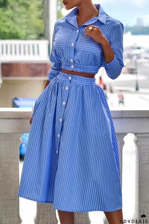 Stripe Button Crop Shirt Skirts Set