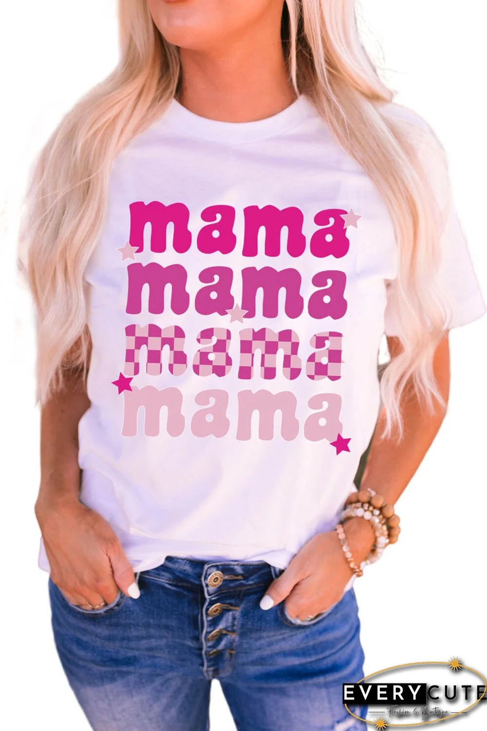 White Round Neck mama Graphic Casual Tee