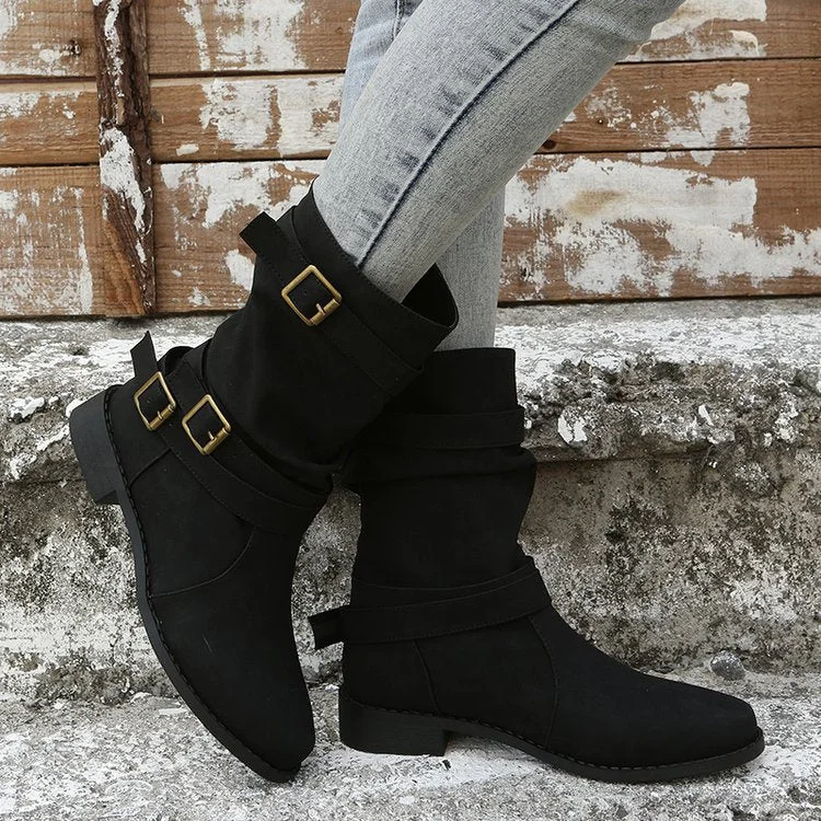 Women plus size clothing Ruched Buckle Casual Leather Booties-Nordswear
