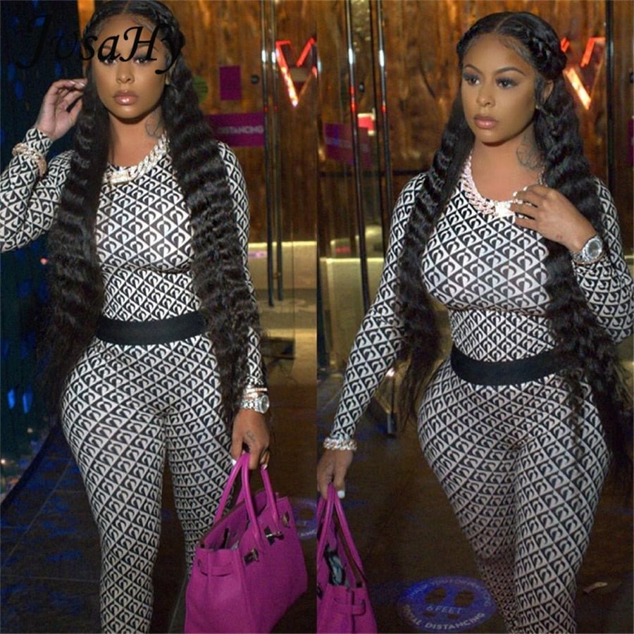 JuSaHy Y2K Print Polka Dot 2 Piece Sets Women Gothic Hipster Top+Elastic Waist Skinny Pant Active Sexy Midnight High Streetwear