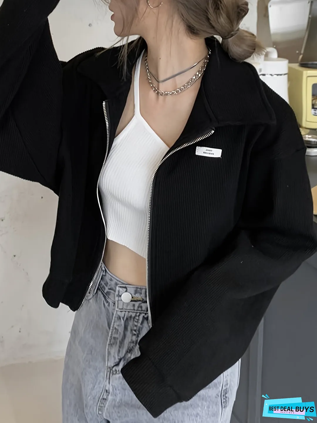 Label Patched Zipper Jacket, Casual Long Sleeve Outwear For Spring & Fall, Women's Clothing