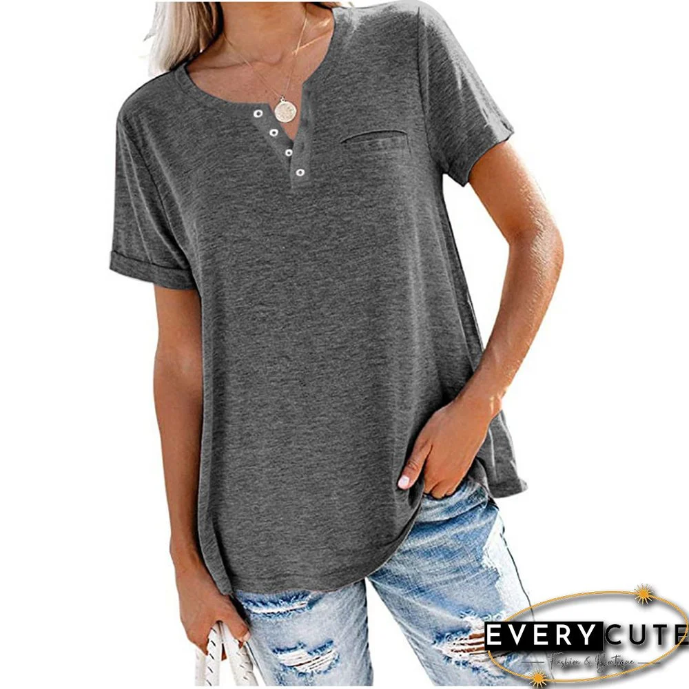 Gray Button V Neck Short Sleeve Tees