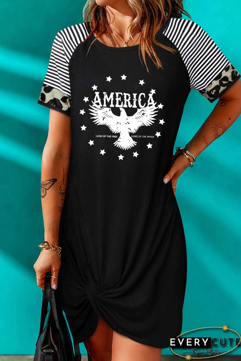 Black AMERICA Eagle Graphic Leopard Striped Sleeve Dress
