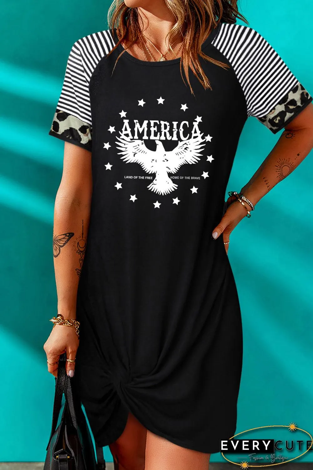 Black AMERICA Eagle Graphic Leopard Striped Sleeve Dress
