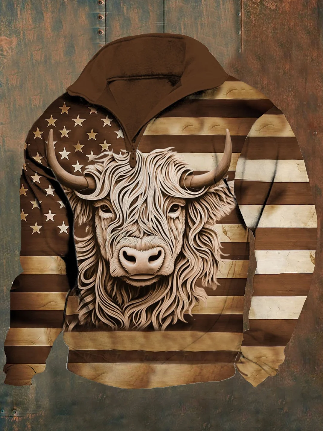Men's 3d Highland Cow Flag Print Lapel Sweatshirt
