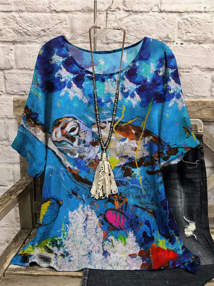 Women Half Sleeve Scoop Neck Floral Printed Colorblock Blue Women Tops