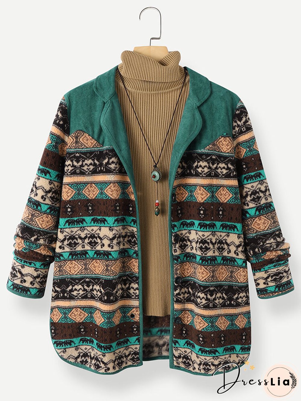 Ethnic Print Patchwork Long Sleeve Lapel Collar Button Jackets for Women