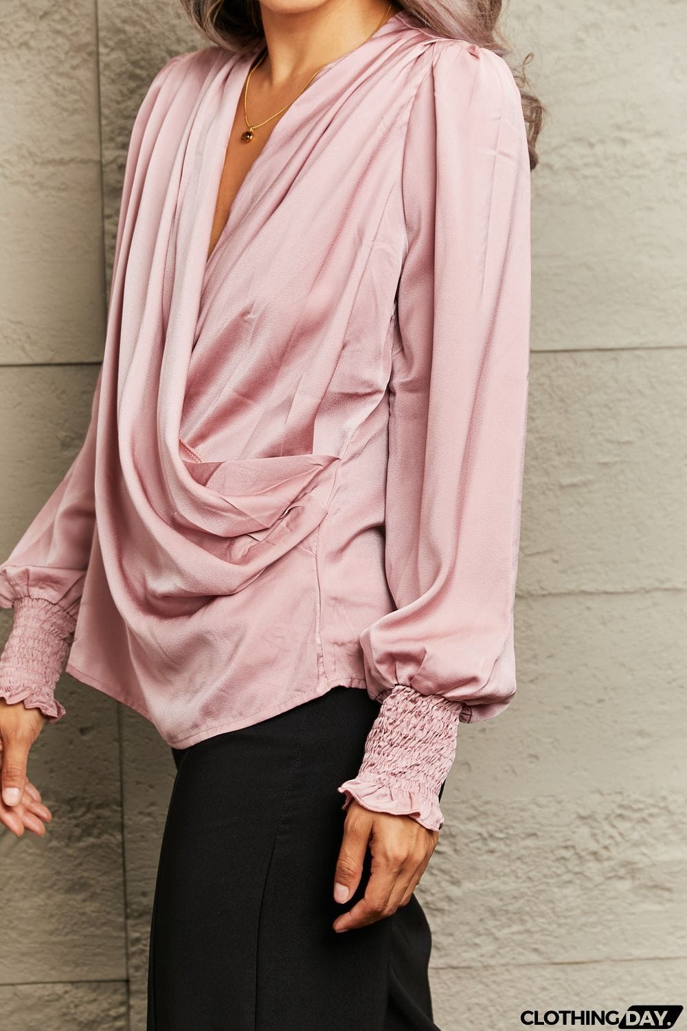 Surplice Neck Ruched Lantern Sleeve Blouse