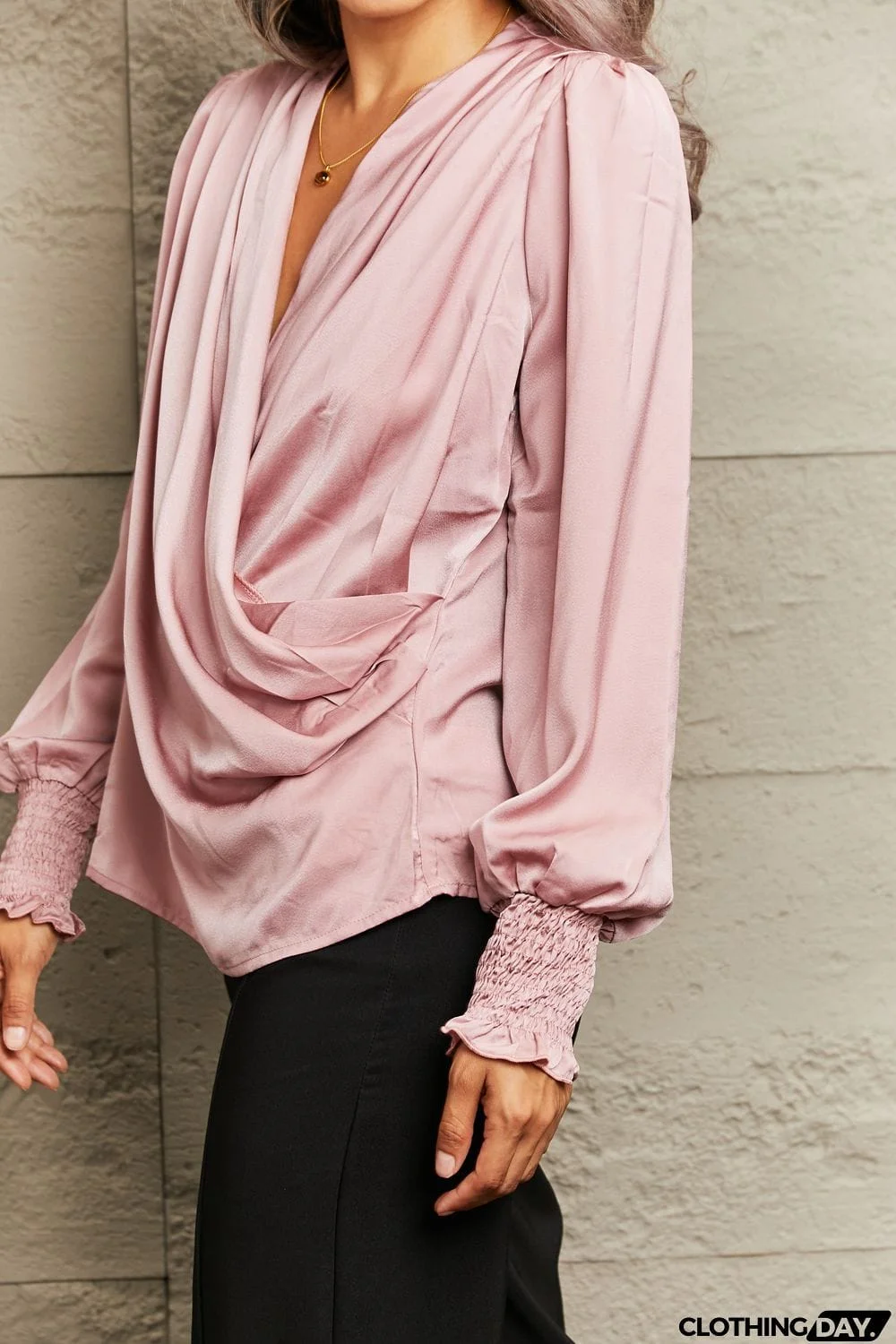 Surplice Neck Ruched Lantern Sleeve Blouse