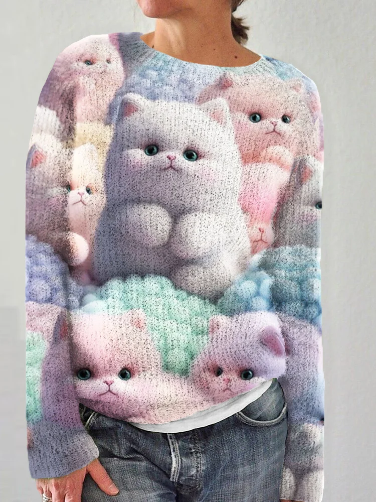 Comstylish Cute Fluffy Kittens Graphic Comfy Knit Sweater