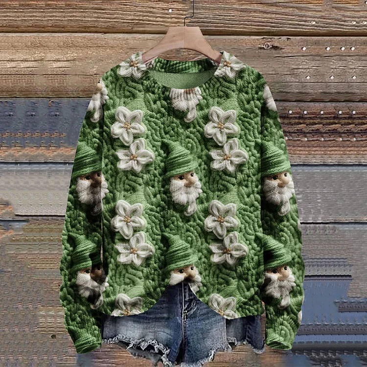 VChics St. Patrick's Day Green Dwarf Art Print Knit Pullover Sweater