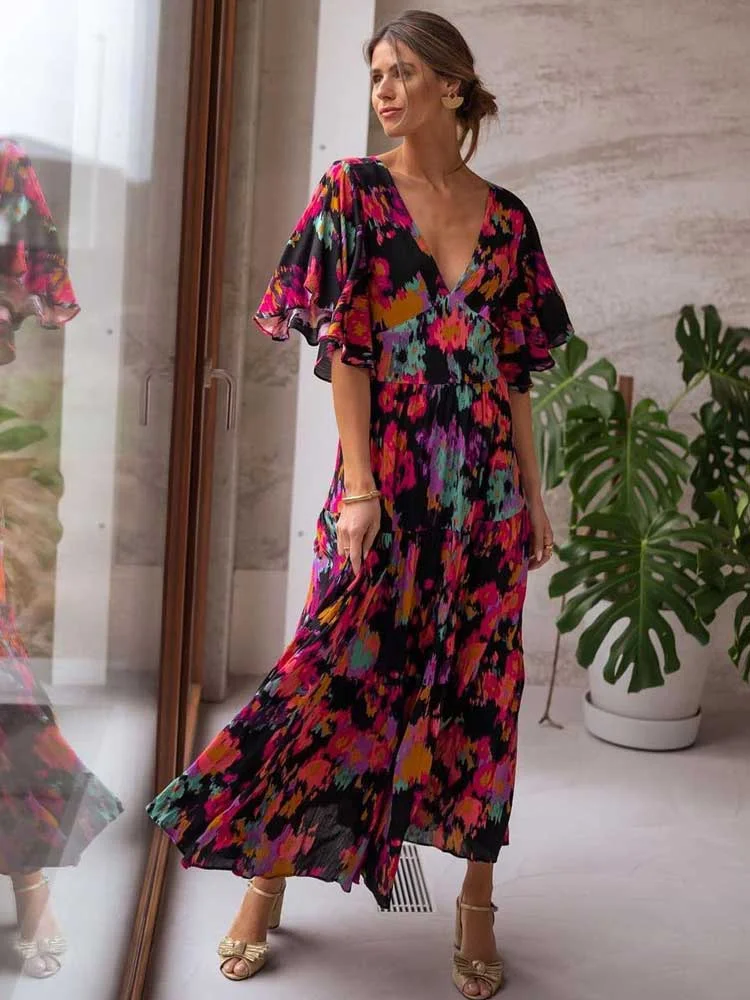 Nncharge Inspired floral printed rayon dress V-neck flare sleeve summer dress holiday maxi dresses bohemian boho beach dress women