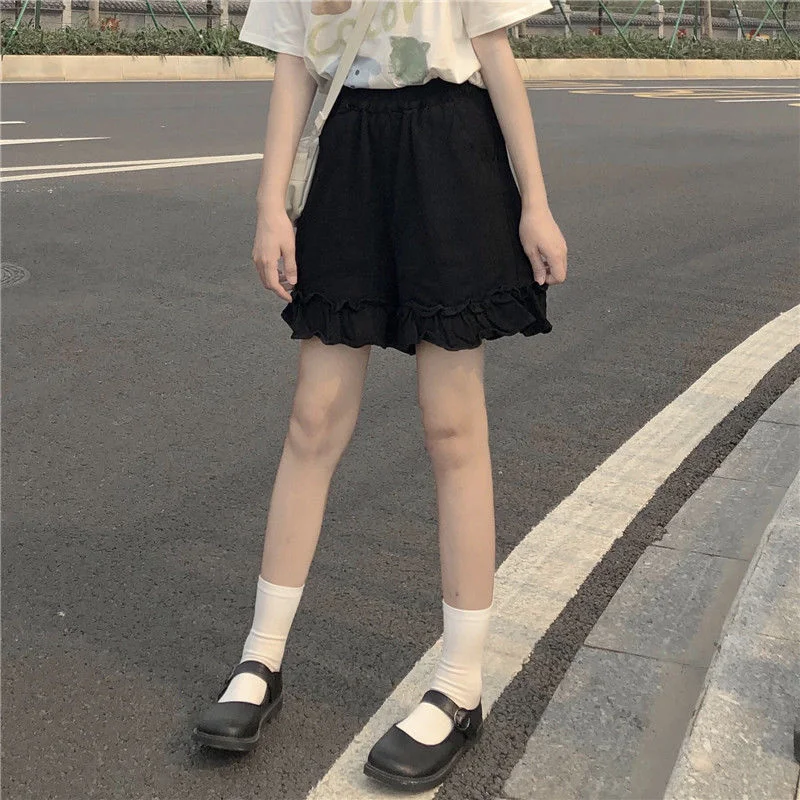 Women Shorts Preppy Style Japanese High Waist Elastic Ruffles Wide Leg Trousers Students Sweet Korean Chic All-match Casual New