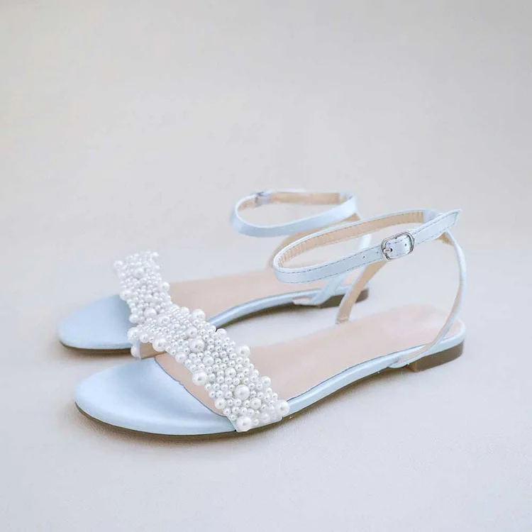 Light Blue Satin Pearl Embellished Ankle Strap Flat Sandals for Women |FSJ Shoes