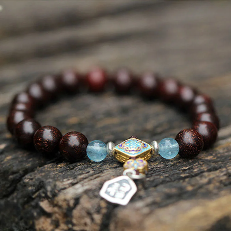 925 Sterling Silver Indian Small Leaf Red Sandalwood Aquamarine Full of Gold Star Chinese Knotting Blessing Bracelet