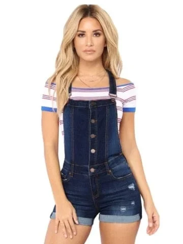 Pornhint LIBERJOG Women Strap Denim Shorts Slim Jumpsuit Holes Button Sexy Shorts Summer Female Casual Overalls Short Jeans