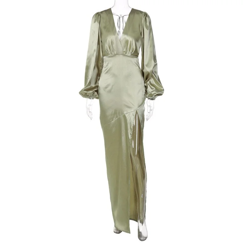 Solid Silk Long Puff Sleeves V Neck Backlessk Slim Bodycon Maxi Dress Fall Winter Women Party Elegant Streetwear