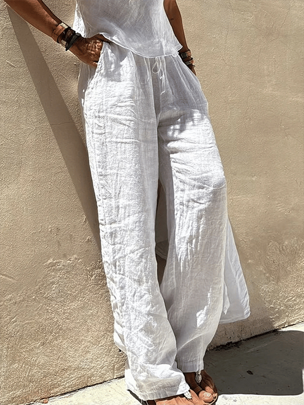 White Cotton And Linen Straight Pants hjn Shicloths