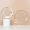 10 Pack | 10" Gold Vintage Rim Clear Hard Plastic Dinner Plates With Embossed Scalloped Edges, Disposable Party Plates