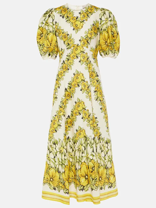 Puff Sleeves Short Sleeves Flower Print Round-Neck Maxi Dresse
