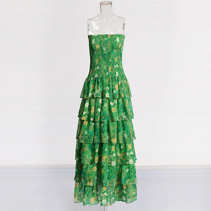 Brownm 2025 New Fashion Sexy Print Pattern Lotus Leaf Design Slimming Cake Dress Bra Dress