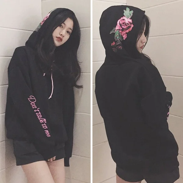 Women Plus Size Street Style Long Sleeve Pullover Sweatshirts Hooded Harajuku Coat Letter Embroidered Rose Hoodie Autumn and Winter Lace Up Tops