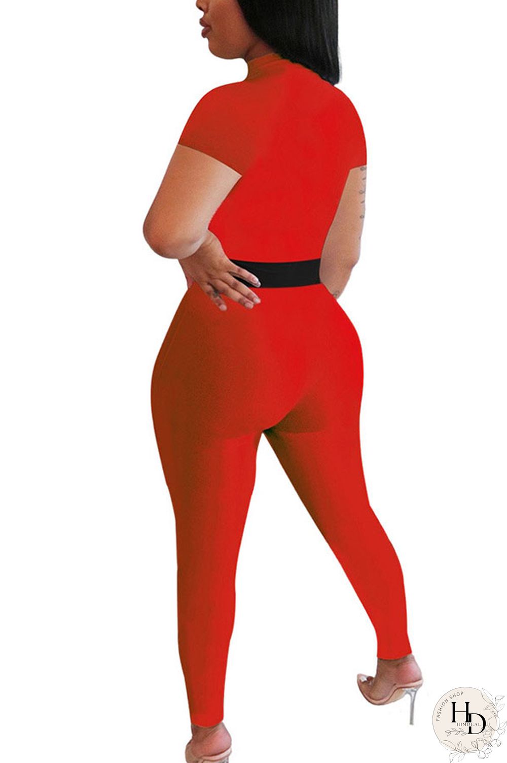 Red Fashion Sexy Print Polyester Short Sleeve O Neck Jumpsuits