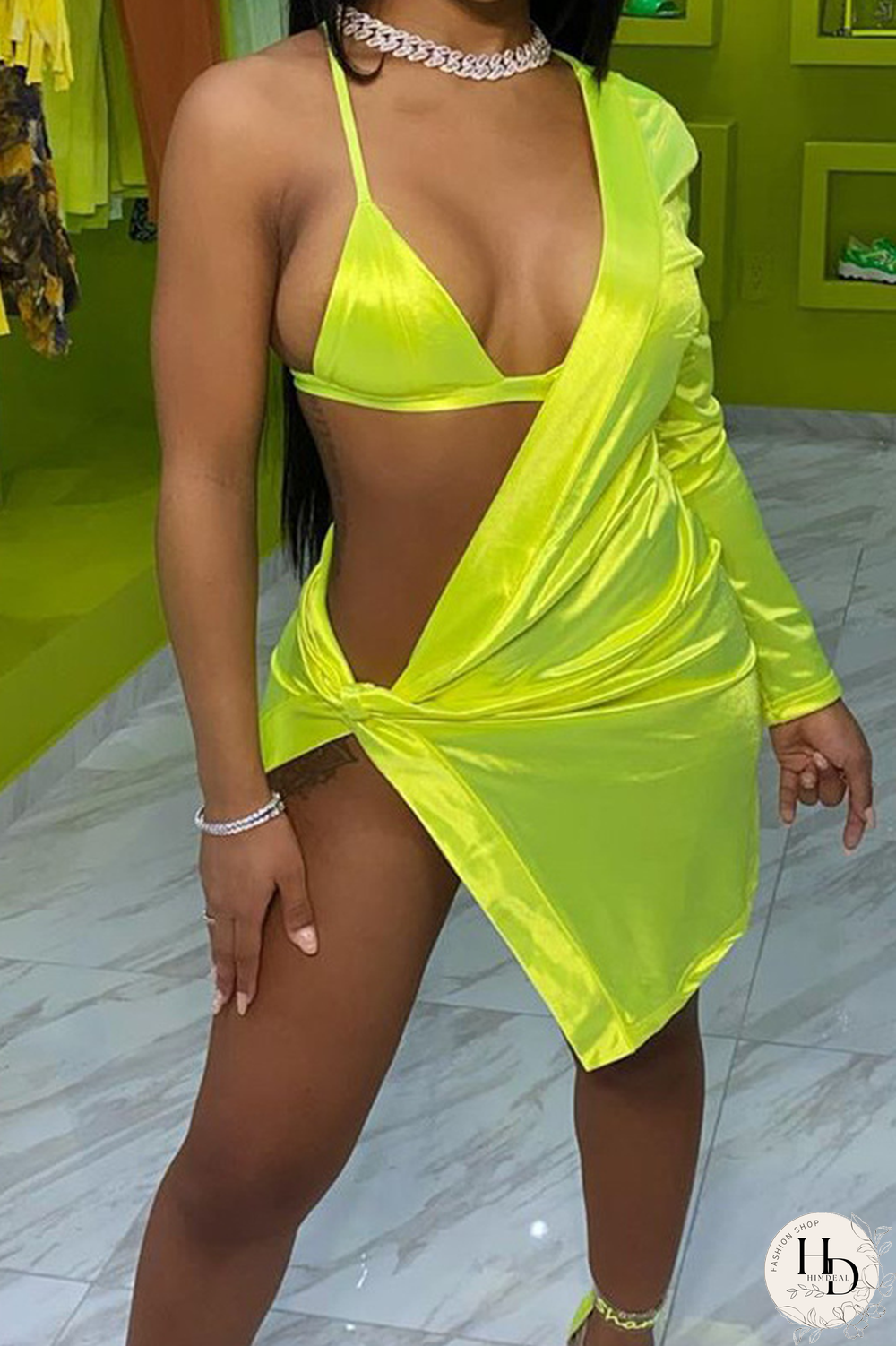 Yellow Sexy Solid High Opening One Shoulder Long Sleeve Two Pieces