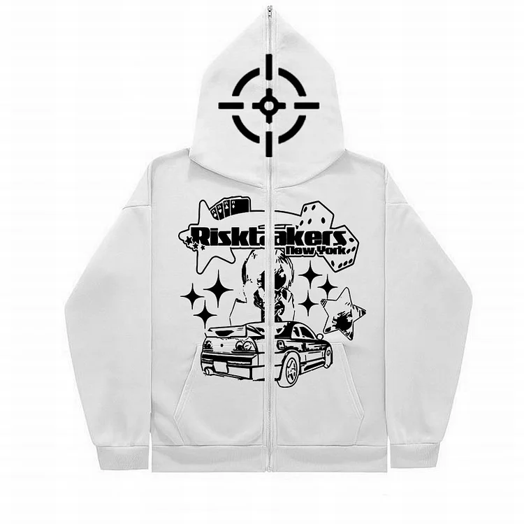 Anime Car Print Zip Hoodie Gothic Streetwear Long Sleeve Punk Y2k Jacket Top at Hiphopee