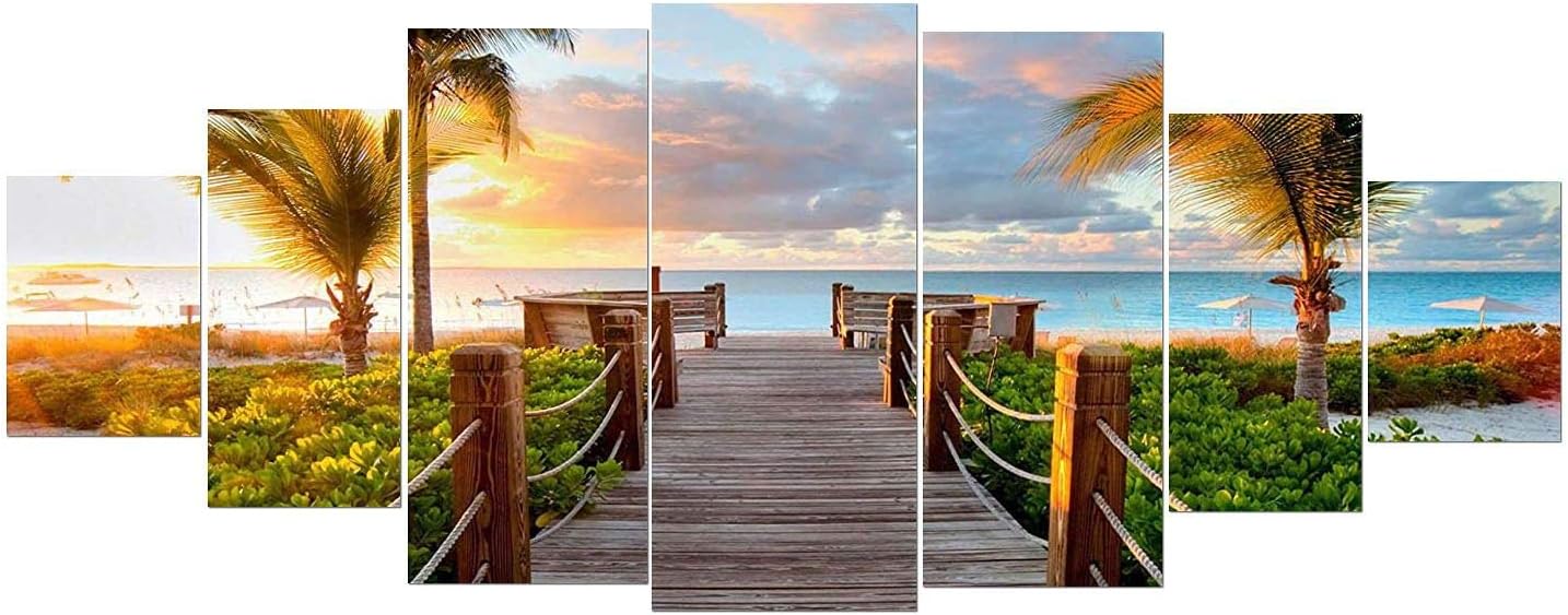 Startonight Acrylic Glass Wall Art - Tropical Beach - Landscape Elegant Glossy Artwork Set of 7 Panels 36 inch  x 95 inch  Blue Green Beach