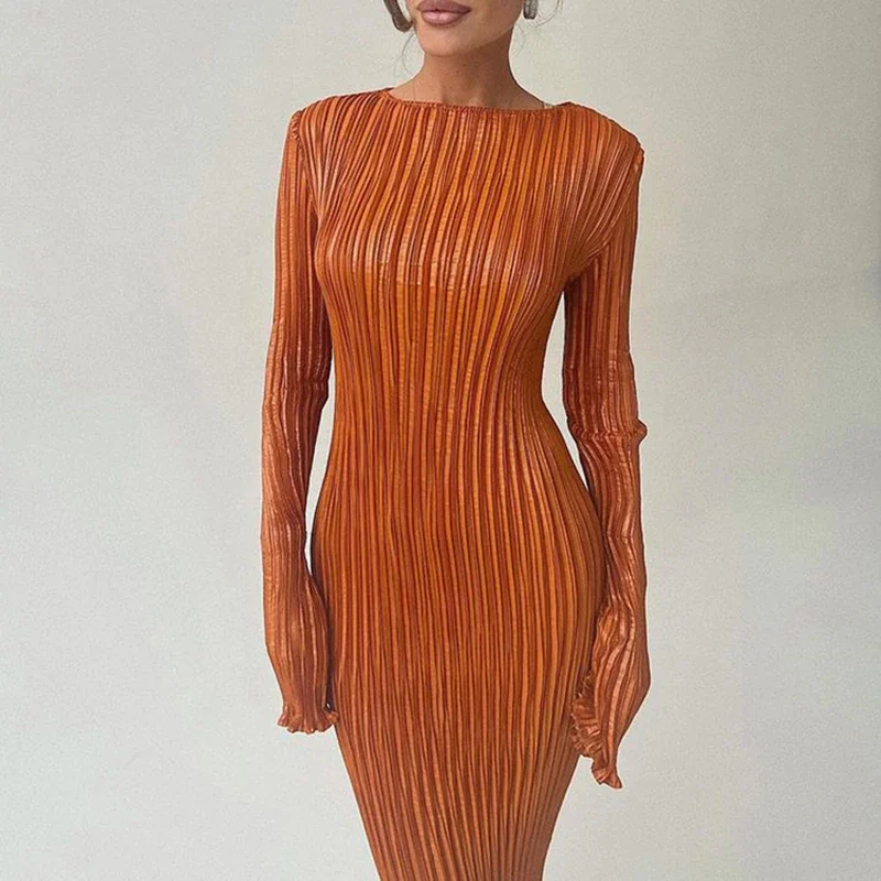 Jangj TiulZial Basic Orange Maxi Bodycon Dress Autumn Summer Long Sleeve Pleated Dress 2022 Plisse Casual Dresses Women