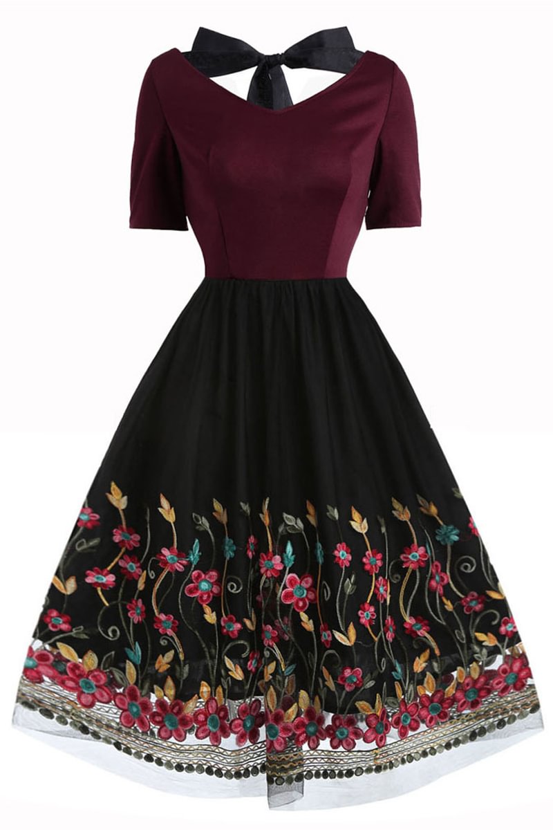 1950s V Neck Embroidery Backless Bow Lace Up Swing Midi Dresses