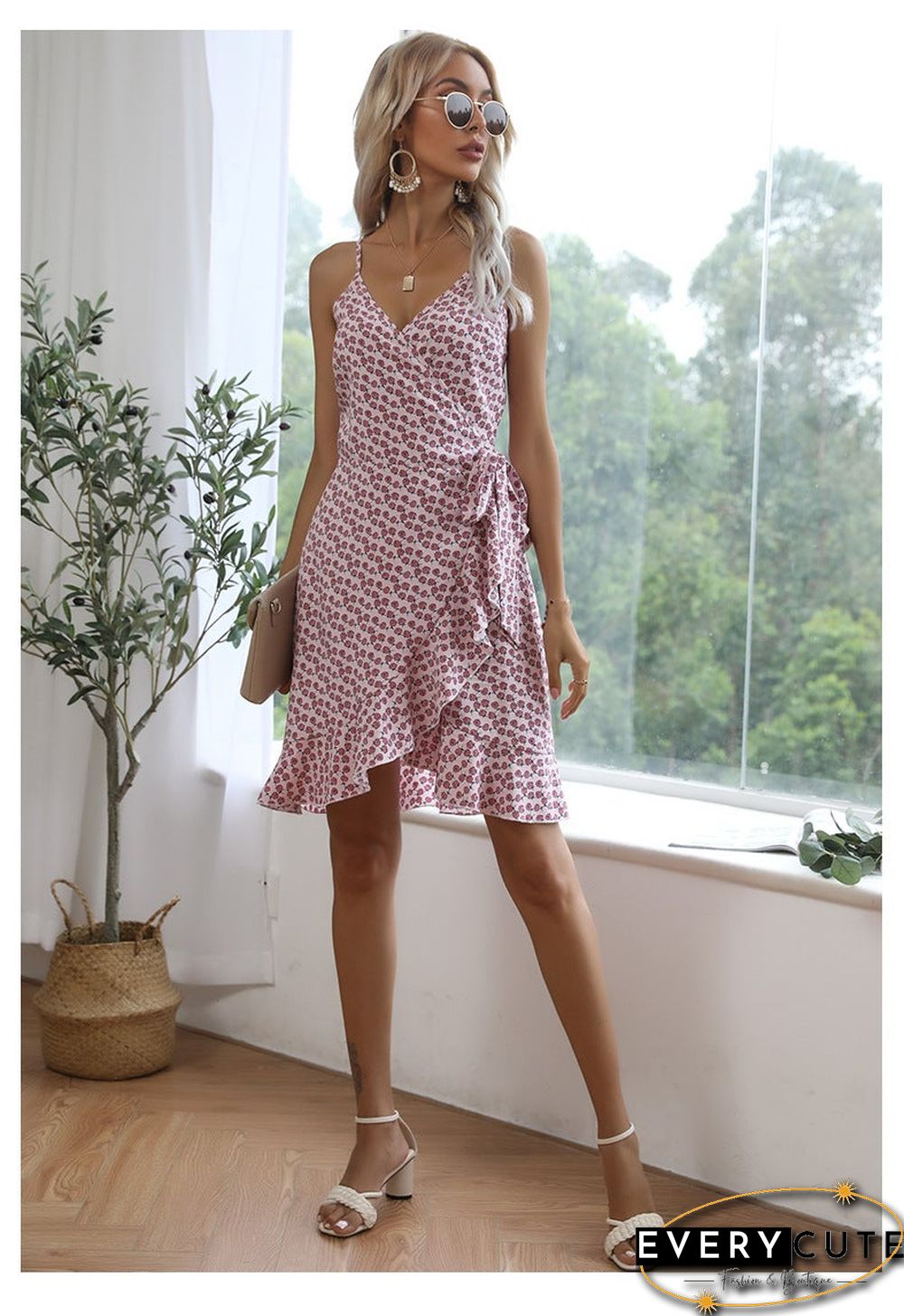 Summer Printing Irregular Ruffled Suspenders Dress Women
