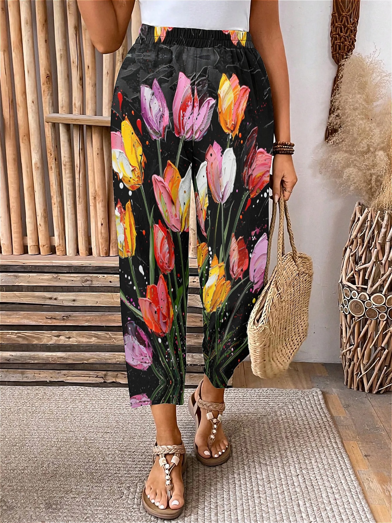 Plus Size Elastic Waist Floral,Tulips Printed Pants