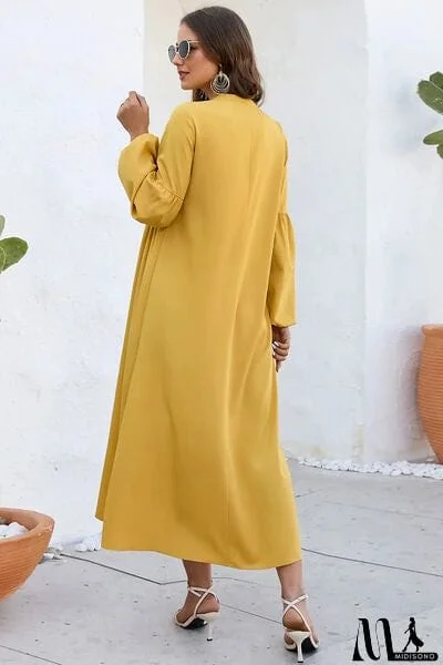 MidiSono - Ruched Tie Neck Balloon Sleeve Midi Dress