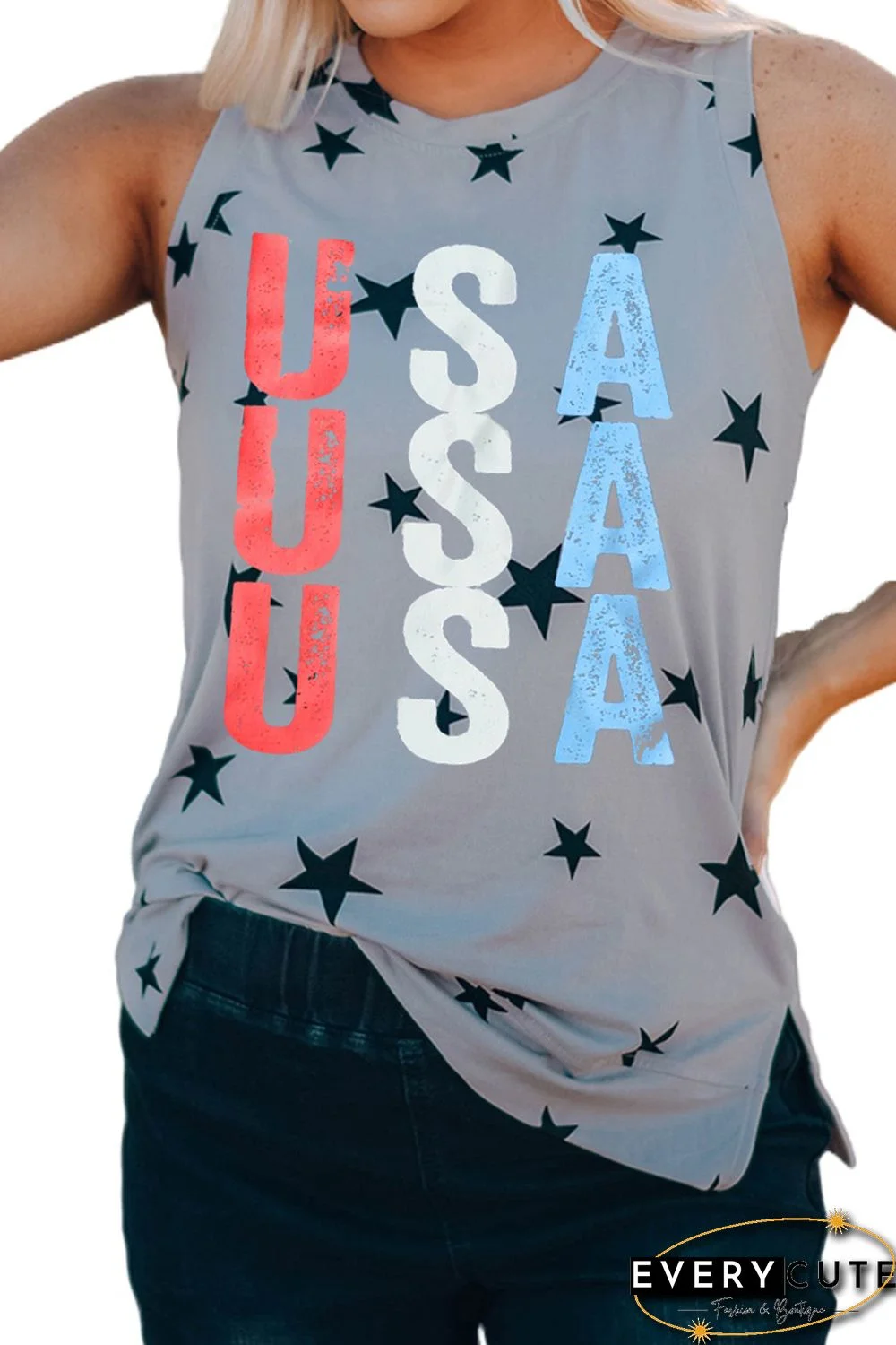 Gray USA Letter Stars Printed Crew Neck Tank Top with Slits