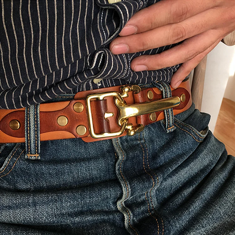 Men Genuine Leather Belt，Vintage 3.8cm Wide Copper Double Needle Buckle  Cowhide Belt，Fashion Handmade Jeans Strap Belt Classic