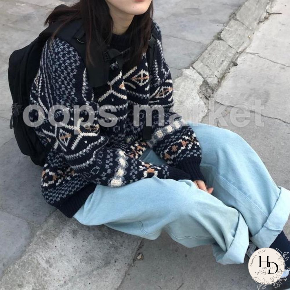 Sweaters Women Jacquard Knitted Casual Lady Pullover Sweater Female Autumn-Winter Retro Jumper Loose All-Match Harajuku Korean