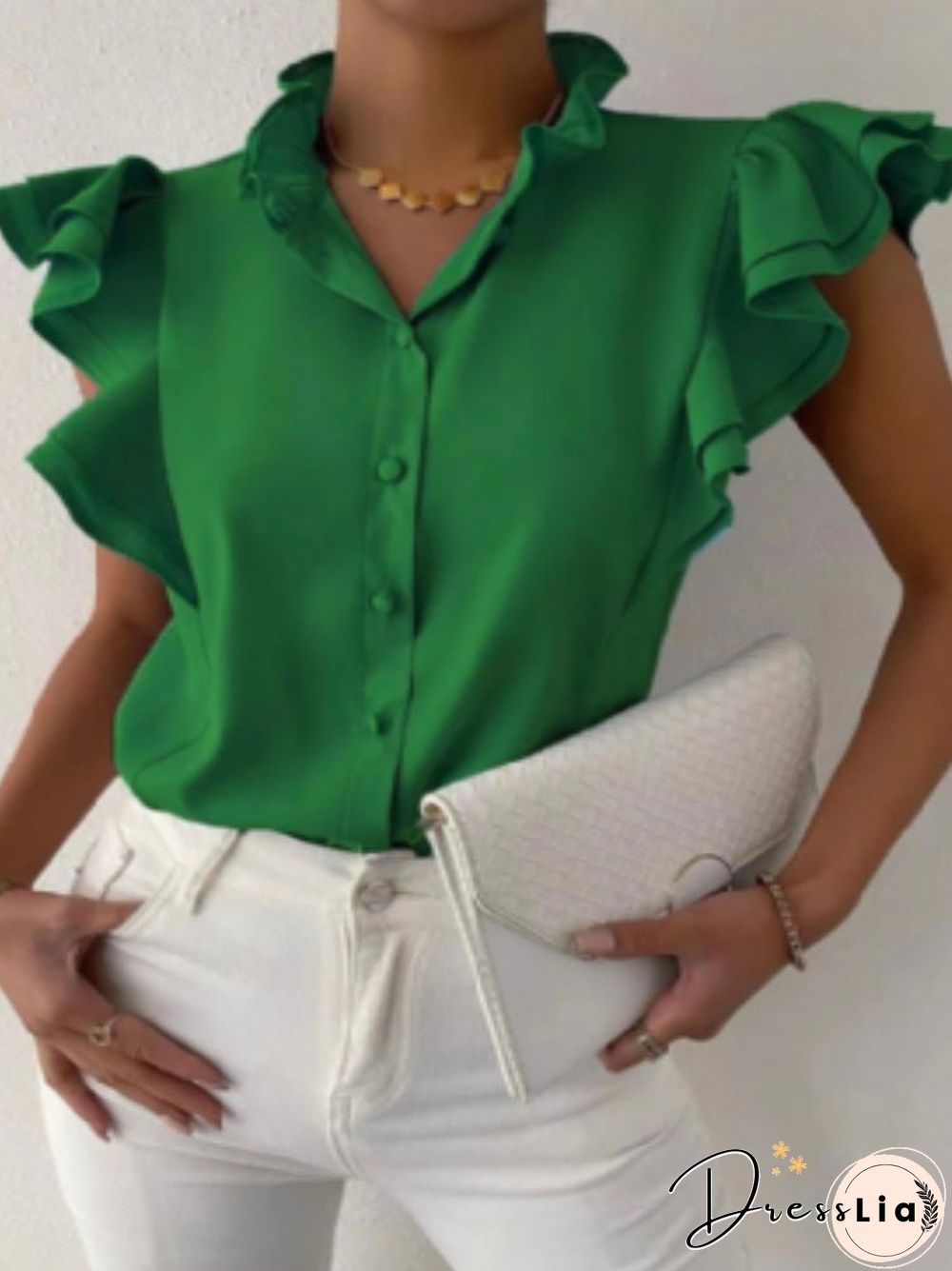 Women'S Blouses Solid Stand Collar Button Ruffle Blouse