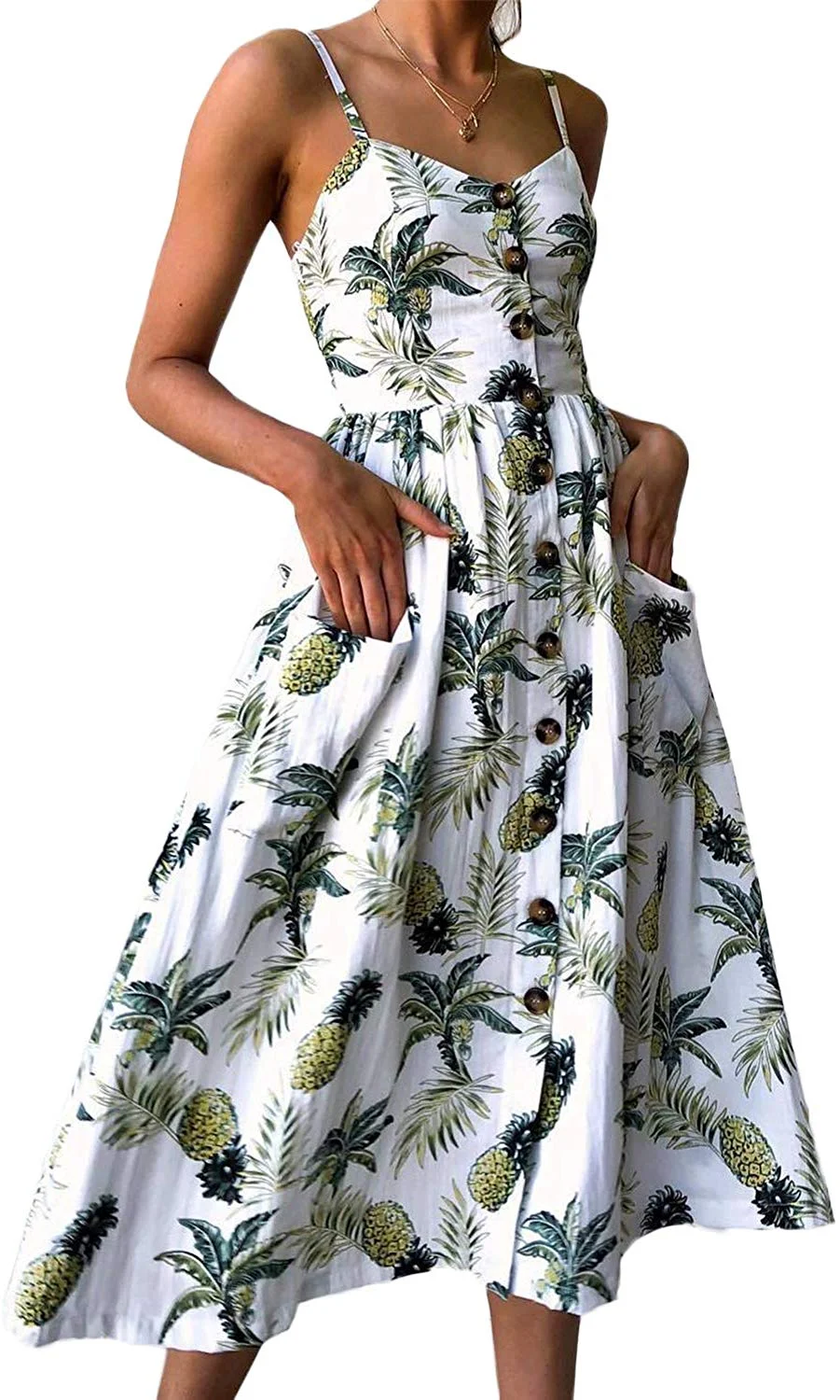 Pockets Midi Dress Summer Floral Backless Spaghetti Strap Button Down Midi Dress