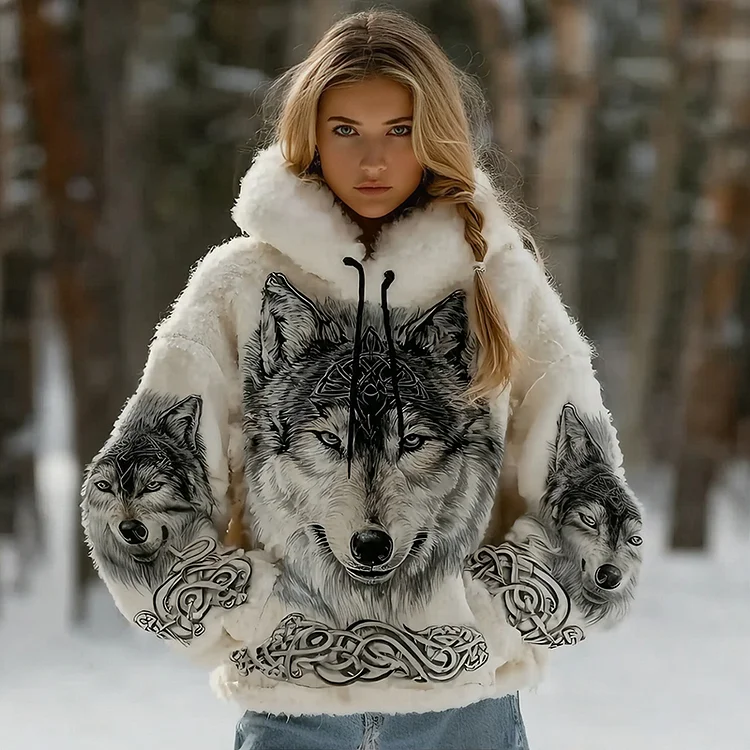 Women's Vintage Viking Celtic Wolf Art Plush Cozy Hoodie