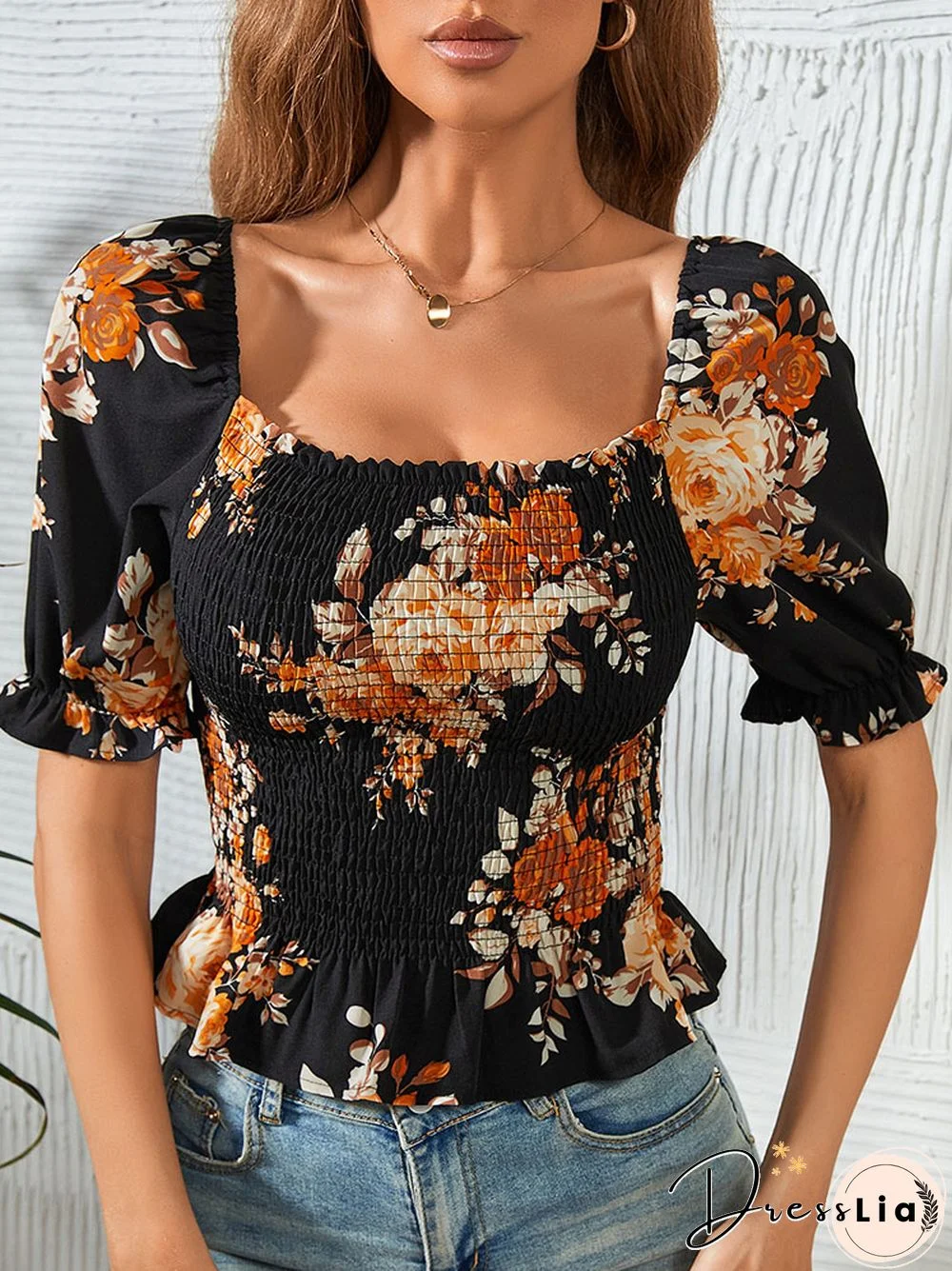 Women's Elegant Bodycon Blouses Top Summer Casual Print Square Neck Gathered Short Sleeve Floral Short Shirts Women Blouses